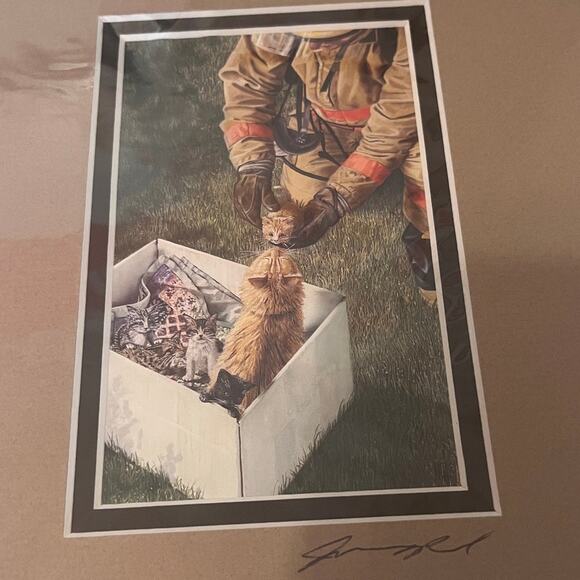James Reed "WE HAVE AN ALL CLEAR" Art Print Signed - Firefighter and Cat - Picture 1 of 7